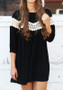Casual Black Patchwork Lace Draped Hollow-out 3/4 Sleeve Mini Dress