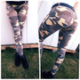 Army Green Camouflage Buttons Elastic Waist Casual Long Leggings