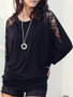 Casual Round Neck Cotton Lace Plain Long-Sleeve-T-Shirt