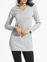 Casual Band Collar Cutout Plain Long-sleeve-t-shirt