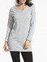 Casual Band Collar Cutout Plain Long-sleeve-t-shirt