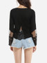 Casual Round Neck Cotton Lace Patchwork Plain Printed Seethrough Long-sleeve-t-shirt