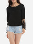 Casual Round Neck Cotton Lace Patchwork Plain Printed Seethrough Long-sleeve-t-shirt