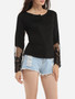 Casual Round Neck Cotton Lace Patchwork Plain Printed Seethrough Long-sleeve-t-shirt