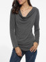 Casual Asymmetrical Hems Cowl Neck Cotton Plain Long-sleeve-t-shirt