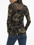 Casual High Neck Dacron Color Block Floral Printed Seethrough Long-sleeve-t-shirt