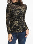 Casual High Neck Dacron Color Block Floral Printed Seethrough Long-sleeve-t-shirt