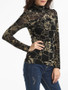 Casual High Neck Dacron Color Block Floral Printed Seethrough Long-sleeve-t-shirt