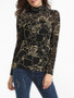 Casual High Neck Dacron Color Block Floral Printed Seethrough Long-sleeve-t-shirt