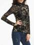 Casual High Neck Dacron Color Block Floral Printed Seethrough Long-sleeve-t-shirt