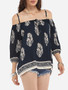 Casual Loose Fitting Spaghetti Strap Cotton Floral Printed Long-sleeve-t-shirt