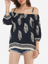 Casual Loose Fitting Spaghetti Strap Cotton Floral Printed Long-sleeve-t-shirt