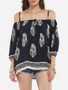 Casual Loose Fitting Spaghetti Strap Cotton Floral Printed Long-sleeve-t-shirt
