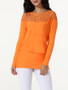 Casual Boat Neck Lace Patchwork Plain Long-sleeve-t-shirt