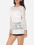 Casual Hollow Out Lace Patchwork Plain Courtly Round Neck Long-sleeve-t-shirt