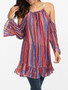 Casual Falbala Mandarin Sleeve Spaghetti Strap Chiffon Striped Long-sleeve-t-shirt