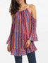 Casual Falbala Mandarin Sleeve Spaghetti Strap Chiffon Striped Long-sleeve-t-shirt