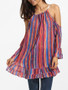 Casual Falbala Mandarin Sleeve Spaghetti Strap Chiffon Striped Long-sleeve-t-shirt