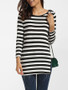 Casual Round Neck Dacron Split Striped Long-sleeve-t-shirt