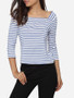 Casual Square Neck Blended Printed Striped Long-sleeve-t-shirt