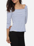 Casual Square Neck Blended Printed Striped Long-sleeve-t-shirt