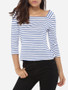 Casual Square Neck Blended Printed Striped Long-sleeve-t-shirt