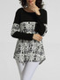 Casual Round Neck Pockets Printed Long-sleeve-t-shirt