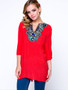 Casual Beading Embroidery Split Neck Puff Sleeve T-Shirt