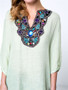 Casual Beading Embroidery Split Neck Puff Sleeve T-Shirt