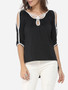 Casual Batwing Asymmetrical Hems Asymmetric Neckline Dacron Hollow Out Long-sleeve-t-shirt