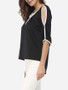 Casual Batwing Asymmetrical Hems Asymmetric Neckline Dacron Hollow Out Long-sleeve-t-shirt