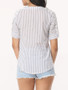 Casual Hollow Out Striped Exquisite V Neck Short-sleeve-t-shirt