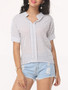 Casual Hollow Out Striped Exquisite V Neck Short-sleeve-t-shirt