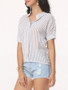 Casual Hollow Out Striped Exquisite V Neck Short-sleeve-t-shirt