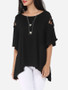 Casual Hollow Out Plain Asymmetrical Hems Exquisite Round Neck Short-sleeve-t-shirt