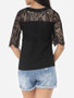 Casual Hollow Out Lace Patchwork Plain Tassel Elegant Round Neck Short-sleeve-t-shirt