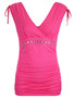 Casual Deep V-Neck Ruched Solid Rhinestone Sleeveless T-Shirt