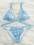 Casual Blue Lace Floral Print Bikini Set