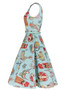 Casual Dramatic Boat Neck Belt Cartoon Printed Skater Dress