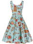 Casual Dramatic Boat Neck Belt Cartoon Printed Skater Dress