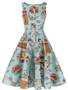 Casual Dramatic Boat Neck Belt Cartoon Printed Skater Dress