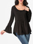 Casual Scoop Neck Ruffled Hem Plain Bell Sleeve Long-sleeve-t-shirt