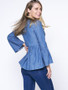 Casual Denim Deep V-Neck Bell Sleeve Blouse With Ruffled Hem