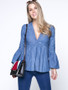 Casual Denim Deep V-Neck Bell Sleeve Blouse With Ruffled Hem