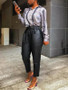 New Black Pockets Drawstring PU Leather Elastic Waist High Waisted Casual Pants