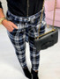 New Blue Plaid Sashes High Waisted Casual Long Pants