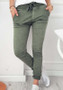 Green Plain Drawstring Pockets Mid-rise Casual Pants