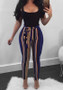 Blue Striped Sashes High Waisted Drawstring Waist Casual Pants