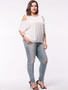 Casual Loose Open Shoulder Solid Plus Size T-Shirt In White