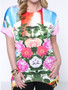 Casual Colorful Floral Round Neck Asymmetric Hem Plus Size T-Shirt